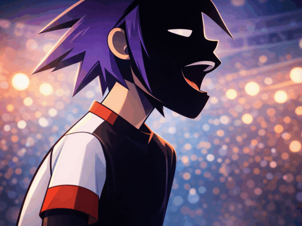 Gorillaz stílusú animált karakter éjszakai hangulatban, zene és vágy találkozása