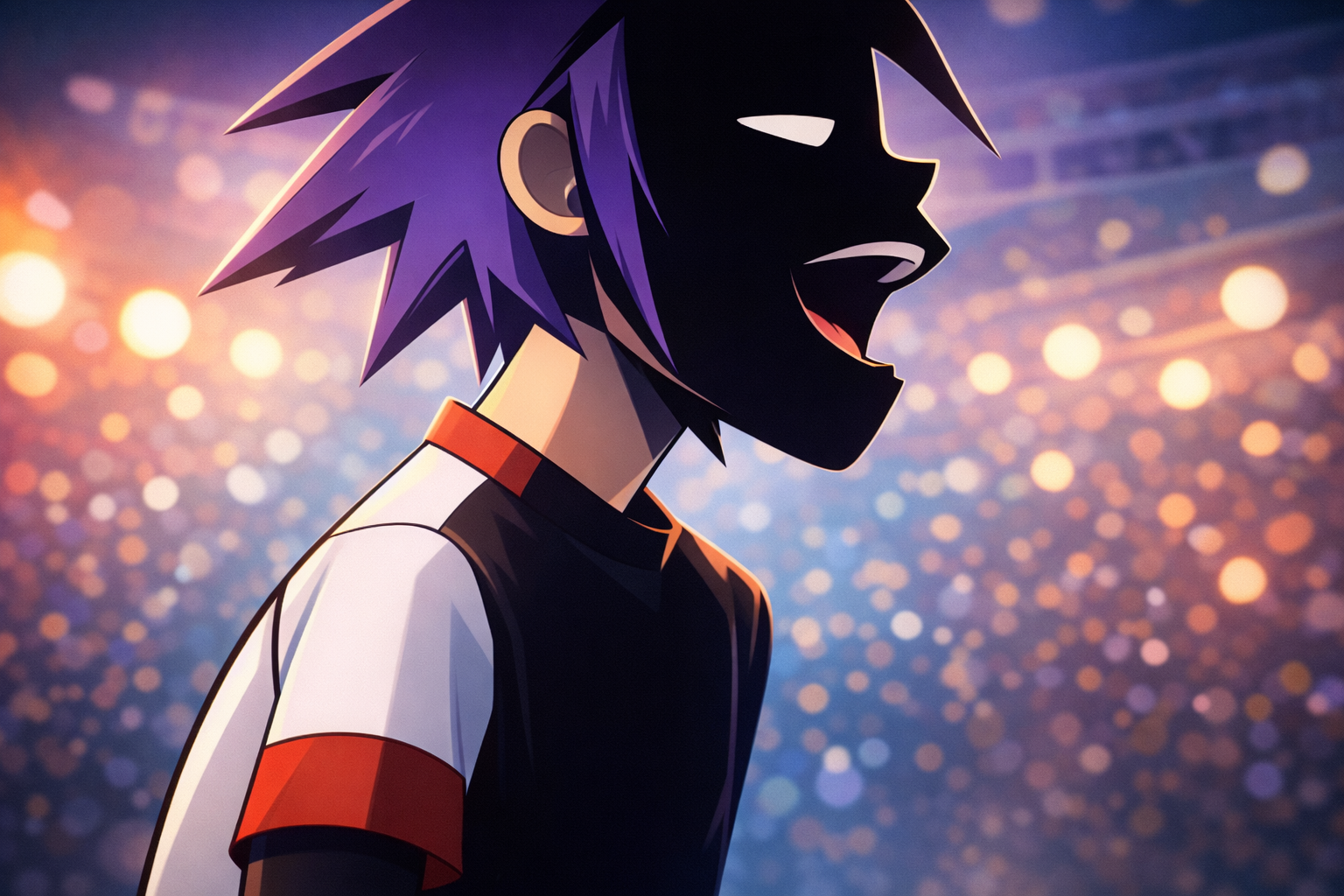 Gorillaz stílusú animált karakter éjszakai hangulatban, zene és vágy találkozása
